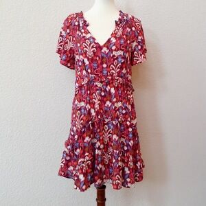 Anthropologie Robin Tiered Mini Dress Raspberry Pink Floral Leopard Ikat Print